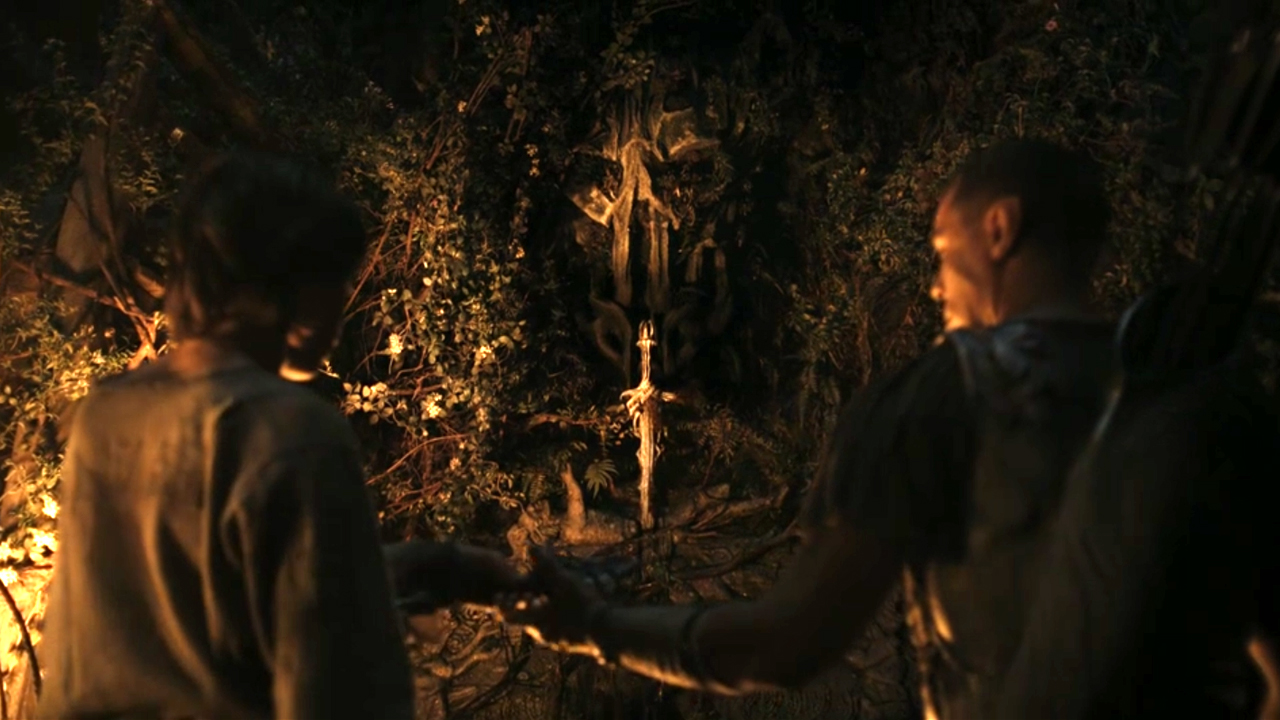 The statues show Theo's sword.