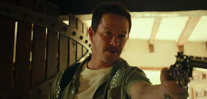 (Mark Wahlberg with moustache in a post-credits scene from Uncharted)