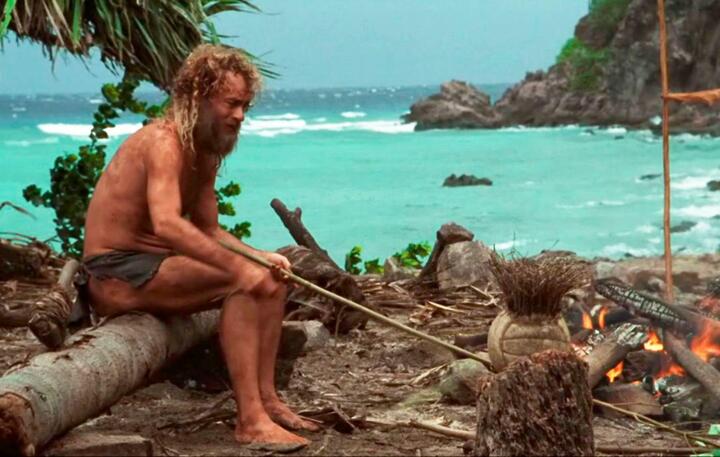 (Tom Hanks and his friend Wilson, the volleyball, in Cast Away)